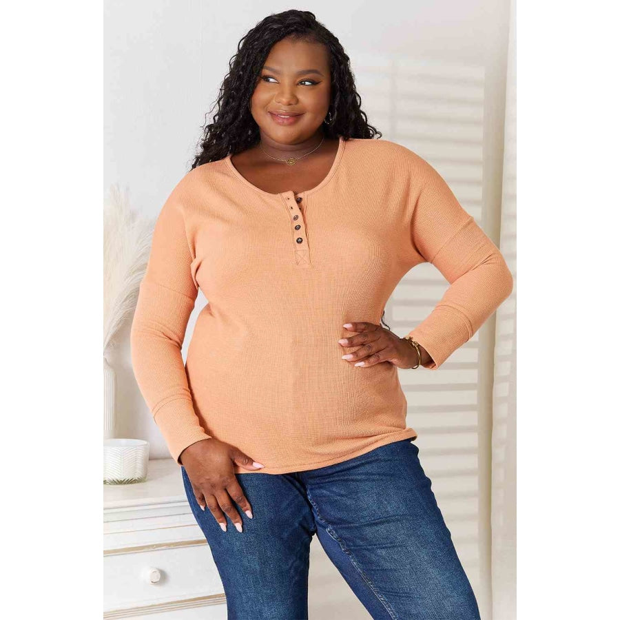 Basic Bae Half Button Long Sleeve Top Pumpkin / S