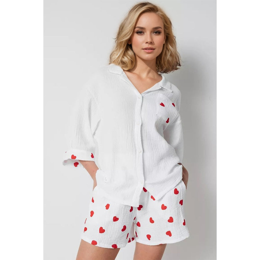 Basic Bae Heart Collared Neck Button Down Top and Shorts Set White / S Apparel and Accessories