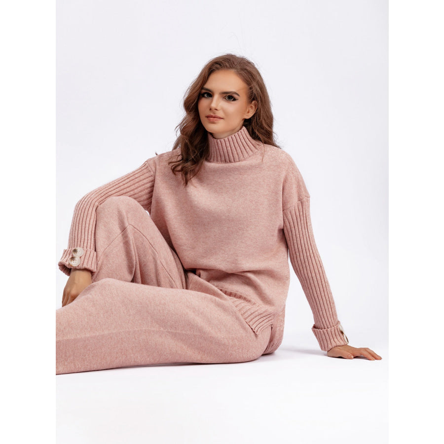 Basic Bae High- Low Turtleneck Long Sleeve Top and Pants Sweater Set Apparel and Accessories