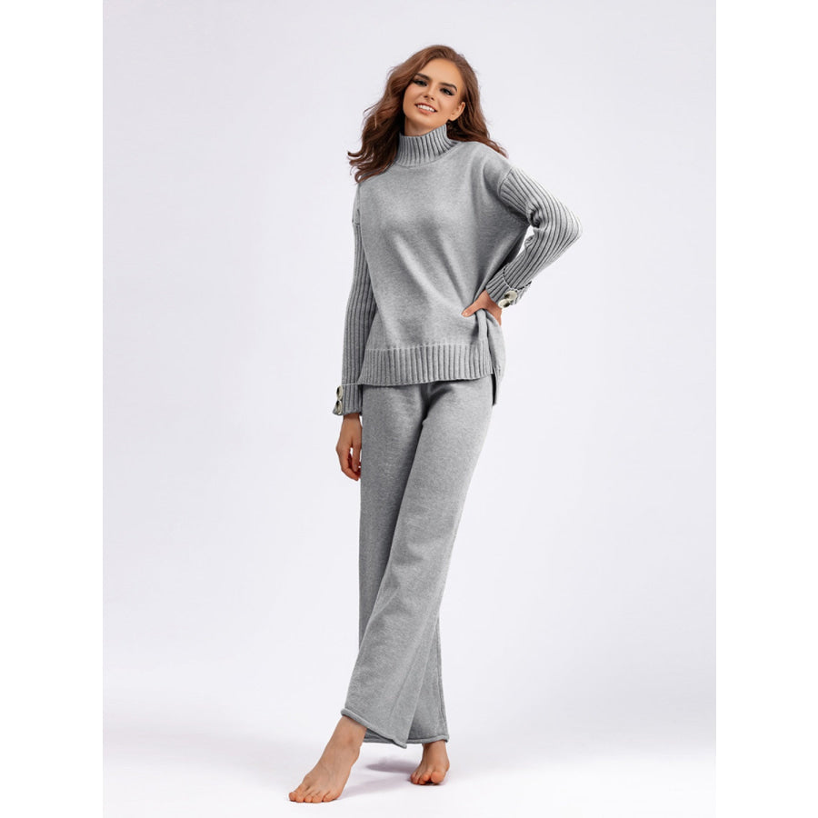 Basic Bae High- Low Turtleneck Long Sleeve Top and Pants Sweater Set Apparel and Accessories