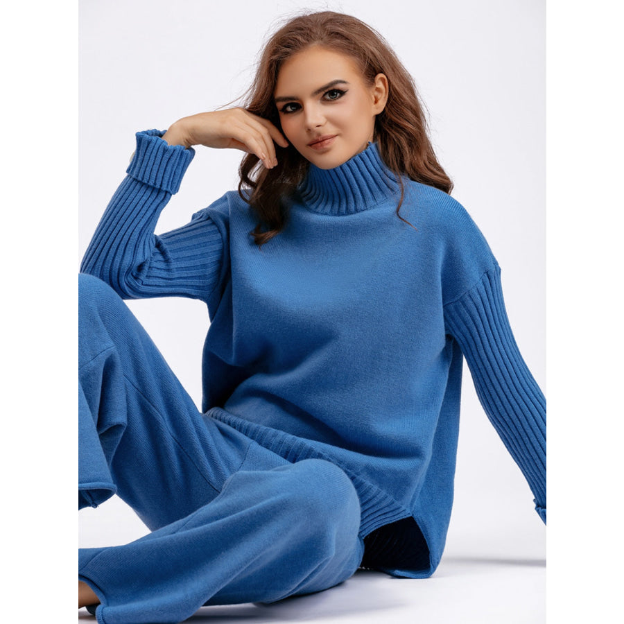 Basic Bae High- Low Turtleneck Long Sleeve Top and Pants Sweater Set Apparel and Accessories