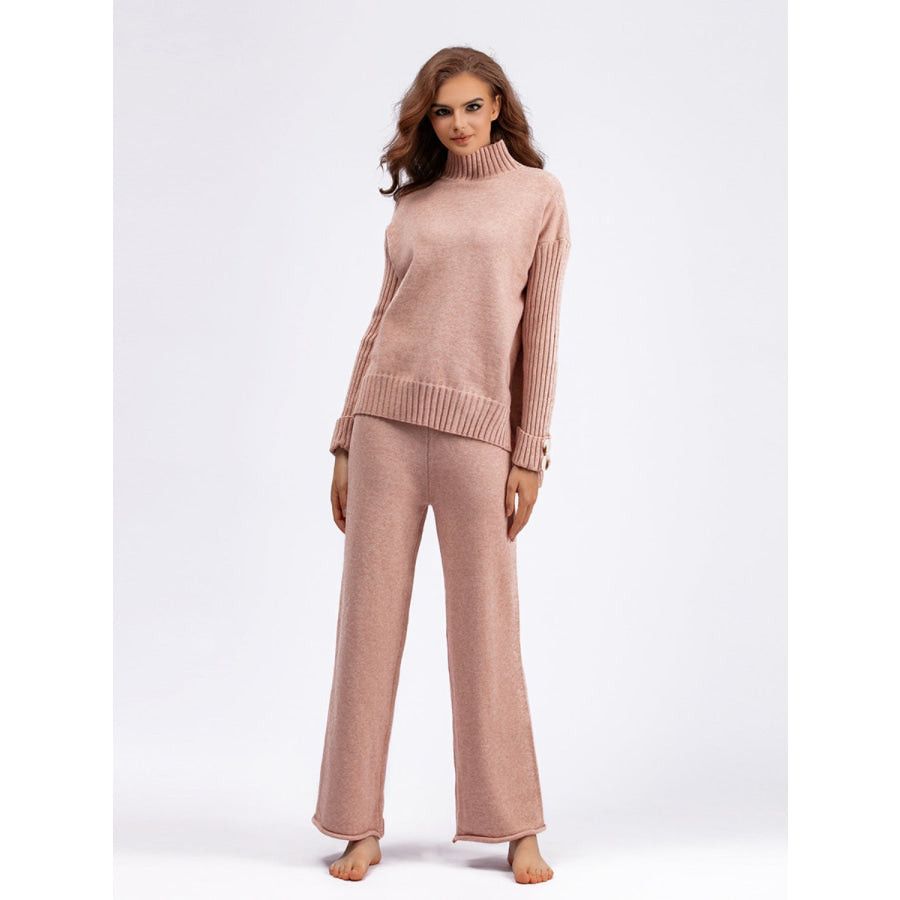 Basic Bae High- Low Turtleneck Long Sleeve Top and Pants Sweater Set Apricot / One Size Apparel and Accessories