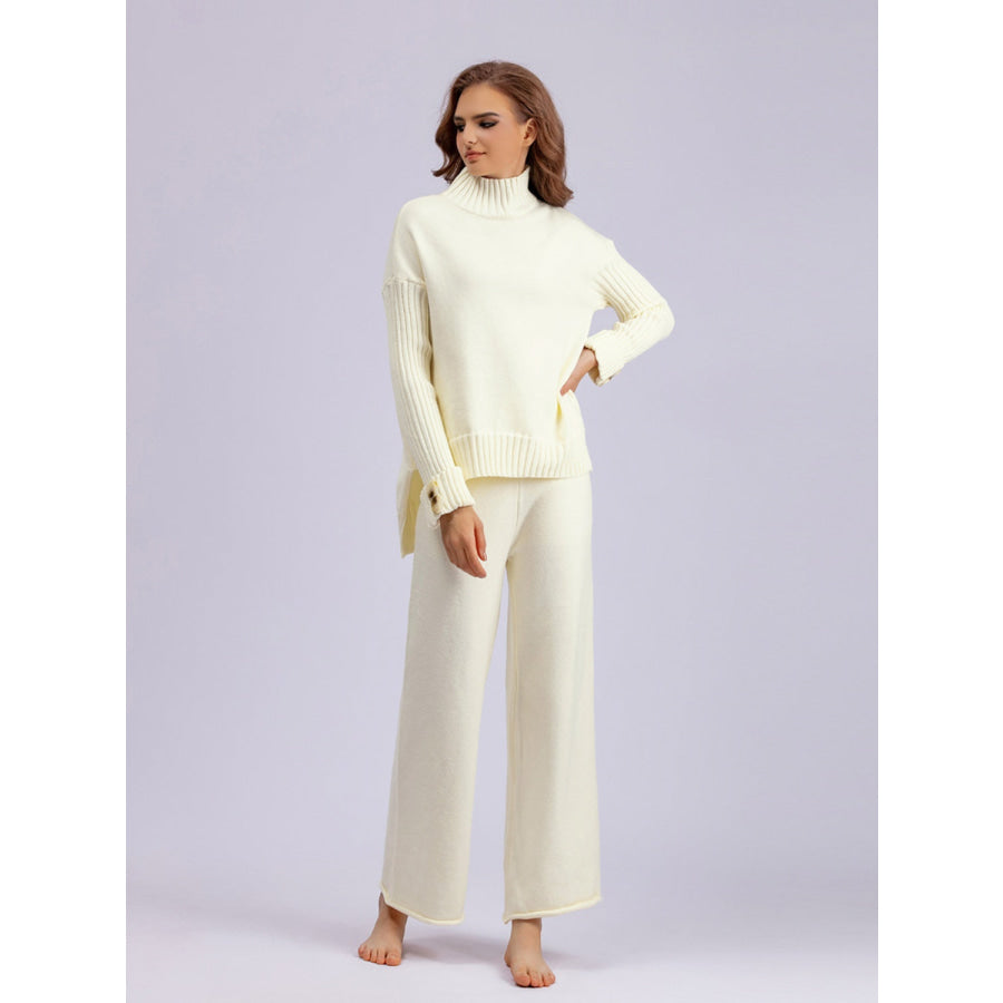 Basic Bae High- Low Turtleneck Long Sleeve Top and Pants Sweater Set Cream / One Size Apparel and Accessories