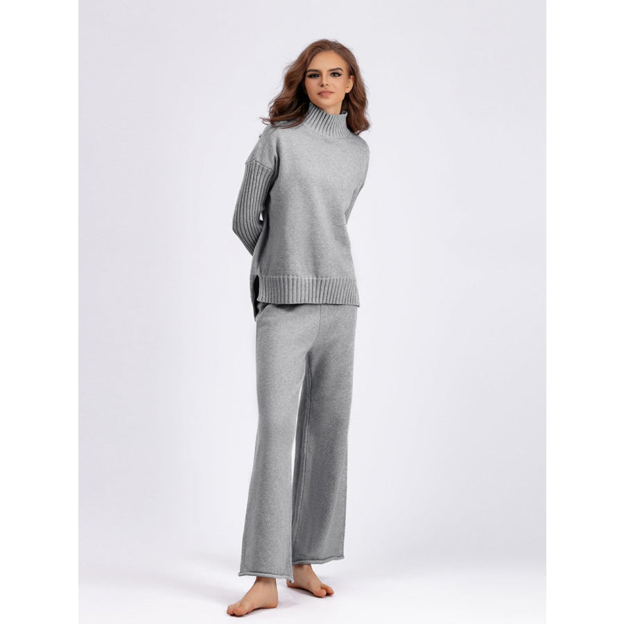 Basic Bae High- Low Turtleneck Long Sleeve Top and Pants Sweater Set Gray / One Size Apparel and Accessories