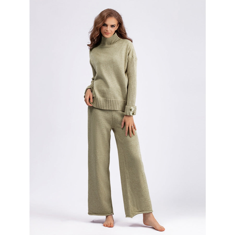 Basic Bae High- Low Turtleneck Long Sleeve Top and Pants Sweater Set Khaki / One Size Apparel and Accessories