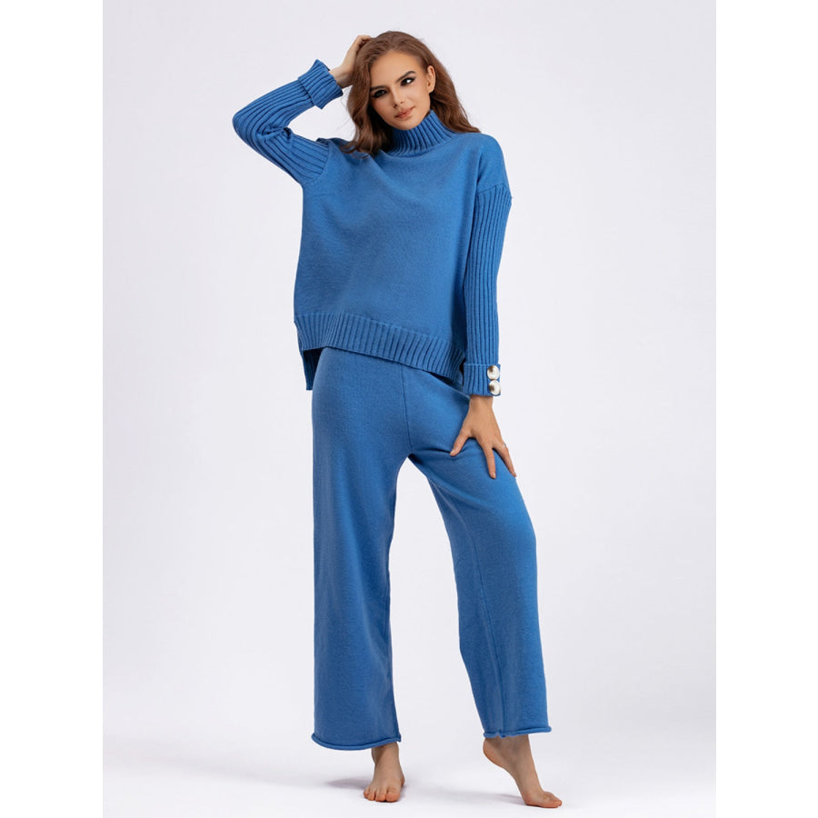 Basic Bae High- Low Turtleneck Long Sleeve Top and Pants Sweater Set Royal Blue / One Size Apparel and Accessories