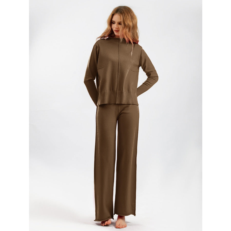 Basic Bae Mock Neck Long Sleeve Top and Pants Sweater Set Coffee Brown / One Size Apparel and Accessories