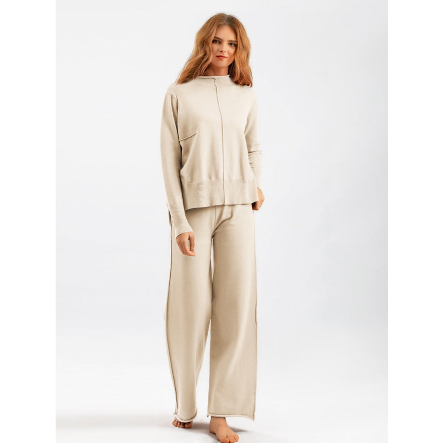 Basic Bae Mock Neck Long Sleeve Top and Pants Sweater Set Dust Storm / One Size Apparel and Accessories