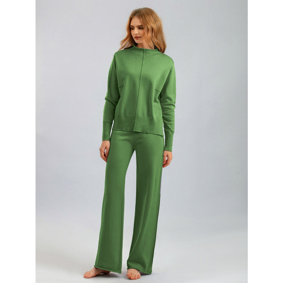 Basic Bae Mock Neck Long Sleeve Top and Pants Sweater Set Green / One Size Apparel and Accessories