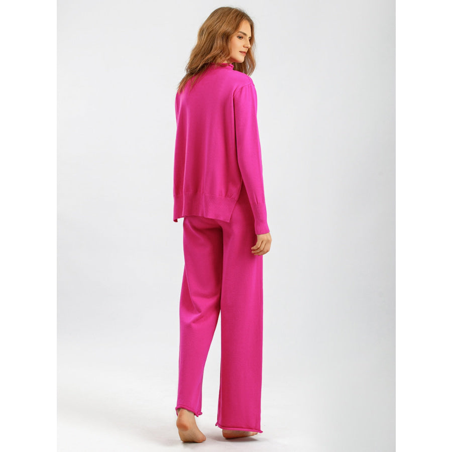 Basic Bae Mock Neck Long Sleeve Top and Pants Sweater Set Hot Pink / One Size Apparel and Accessories