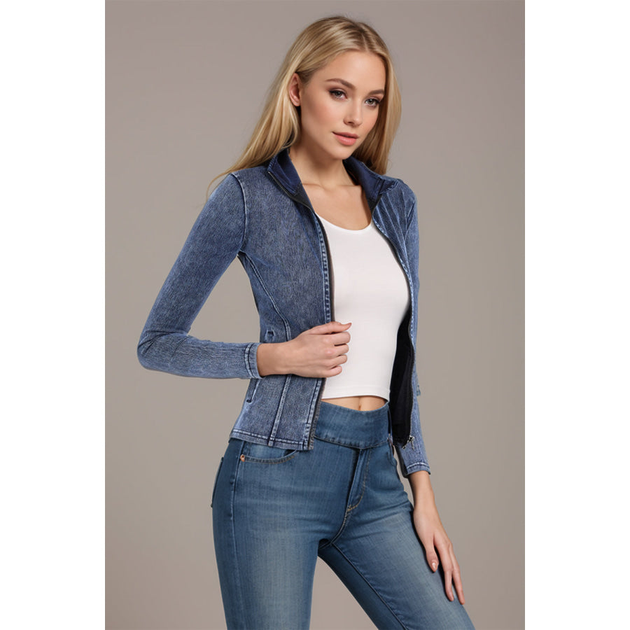 Basic Bae Pocketed Turtleneck Zip Up Denim Top Apparel and Accessories