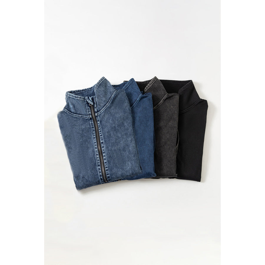 Basic Bae Pocketed Turtleneck Zip Up Denim Top Apparel and Accessories