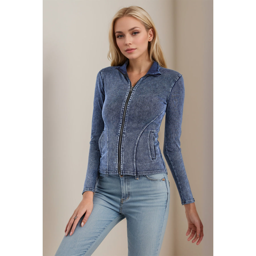 Basic Bae Pocketed Turtleneck Zip Up Denim Top Apparel and Accessories