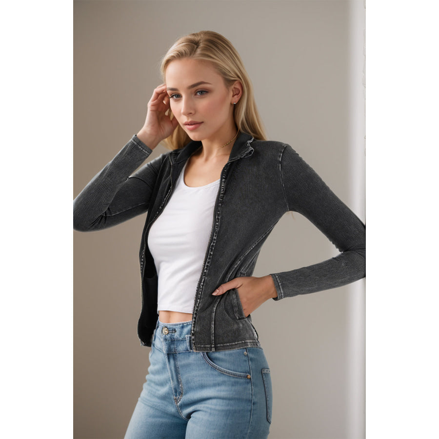 Basic Bae Pocketed Turtleneck Zip Up Denim Top Apparel and Accessories