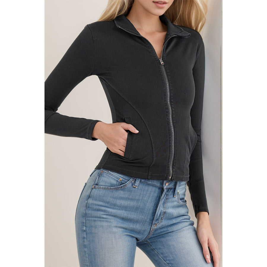 Basic Bae Pocketed Turtleneck Zip Up Denim Top Apparel and Accessories