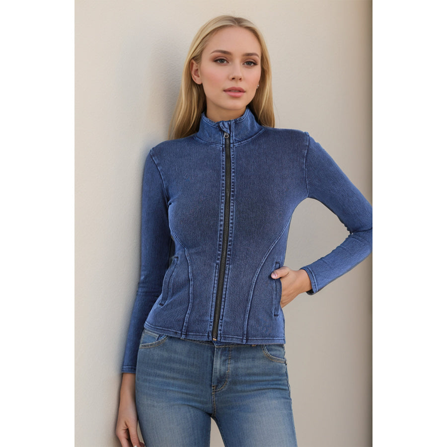 Basic Bae Pocketed Turtleneck Zip Up Denim Top Apparel and Accessories