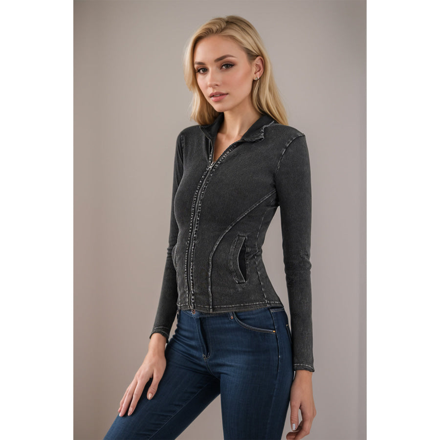 Basic Bae Pocketed Turtleneck Zip Up Denim Top Apparel and Accessories