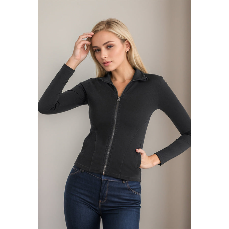 Basic Bae Pocketed Turtleneck Zip Up Denim Top Black / S Apparel and Accessories