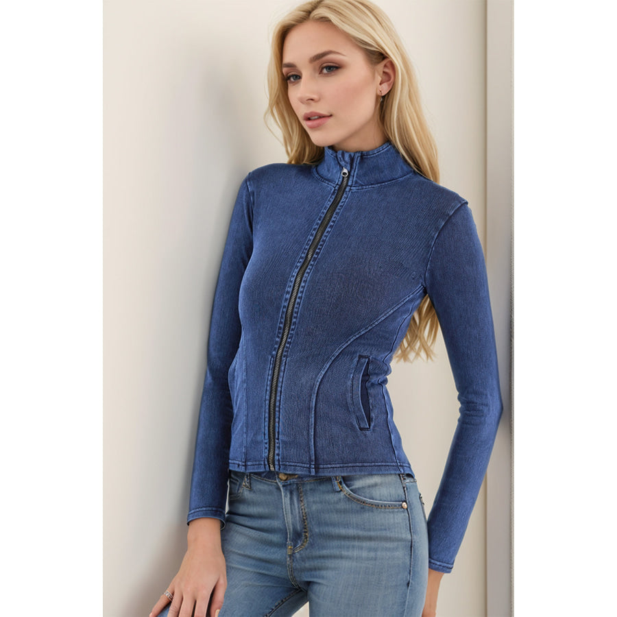 Basic Bae Pocketed Turtleneck Zip Up Denim Top Dusty Blue / S Apparel and Accessories