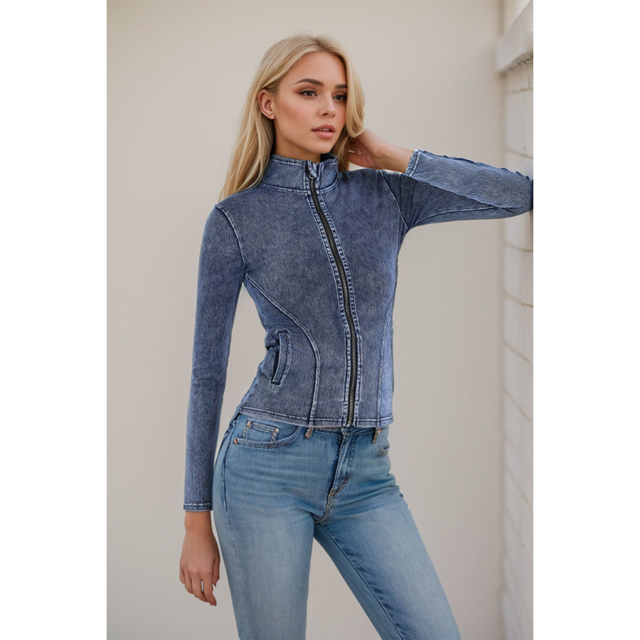 Basic Bae Pocketed Turtleneck Zip Up Denim Top Medium / S Apparel and Accessories