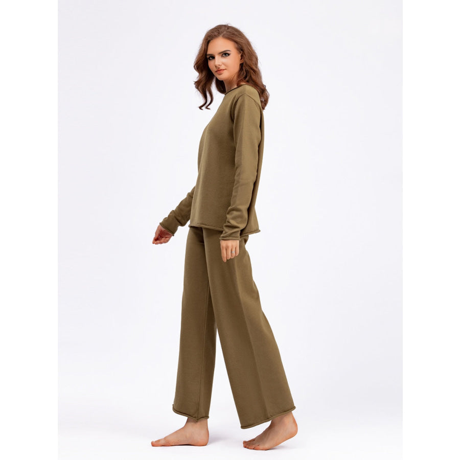 Basic Bae Rolled Round Neck Top and Pants Sweater Set Apparel and Accessories