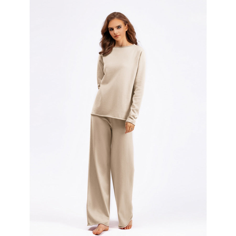 Basic Bae Rolled Round Neck Top and Pants Sweater Set Apparel and Accessories