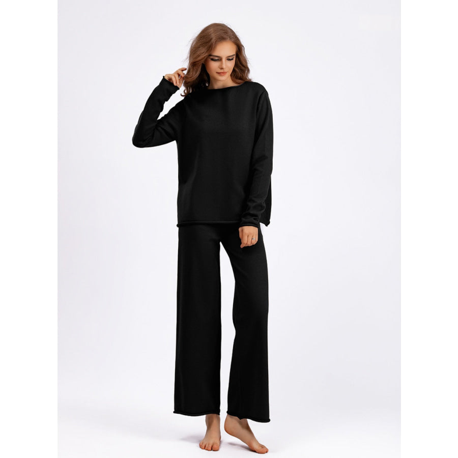 Basic Bae Rolled Round Neck Top and Pants Sweater Set Apparel and Accessories