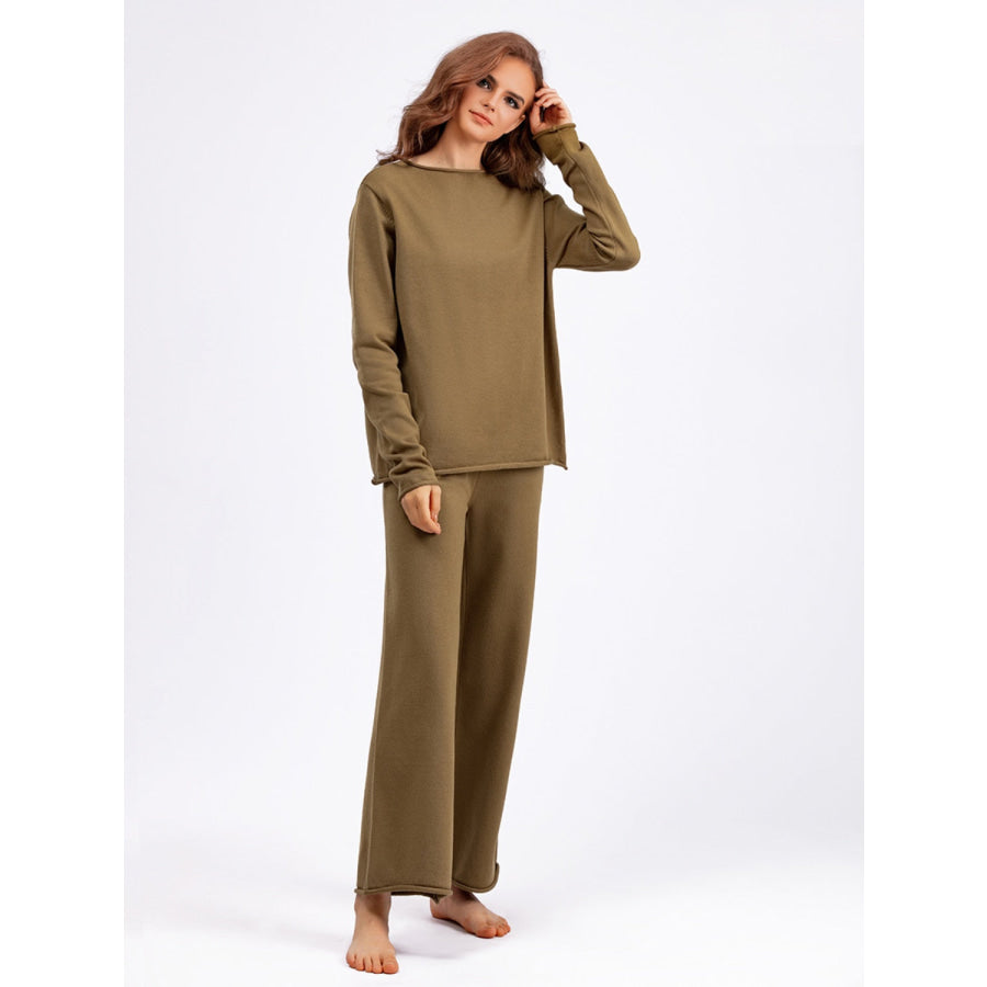 Basic Bae Rolled Round Neck Top and Pants Sweater Set Apparel and Accessories