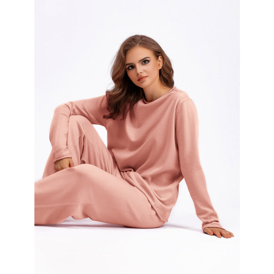 Basic Bae Rolled Round Neck Top and Pants Sweater Set Apparel and Accessories