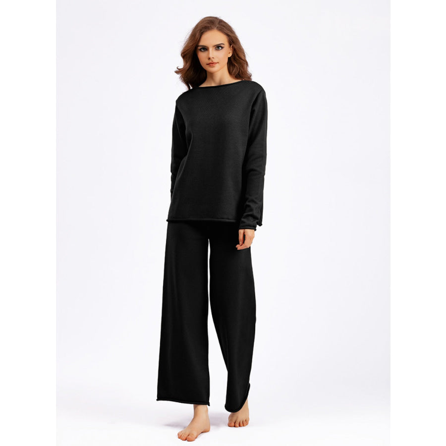 Basic Bae Rolled Round Neck Top and Pants Sweater Set Black / One Size Apparel and Accessories