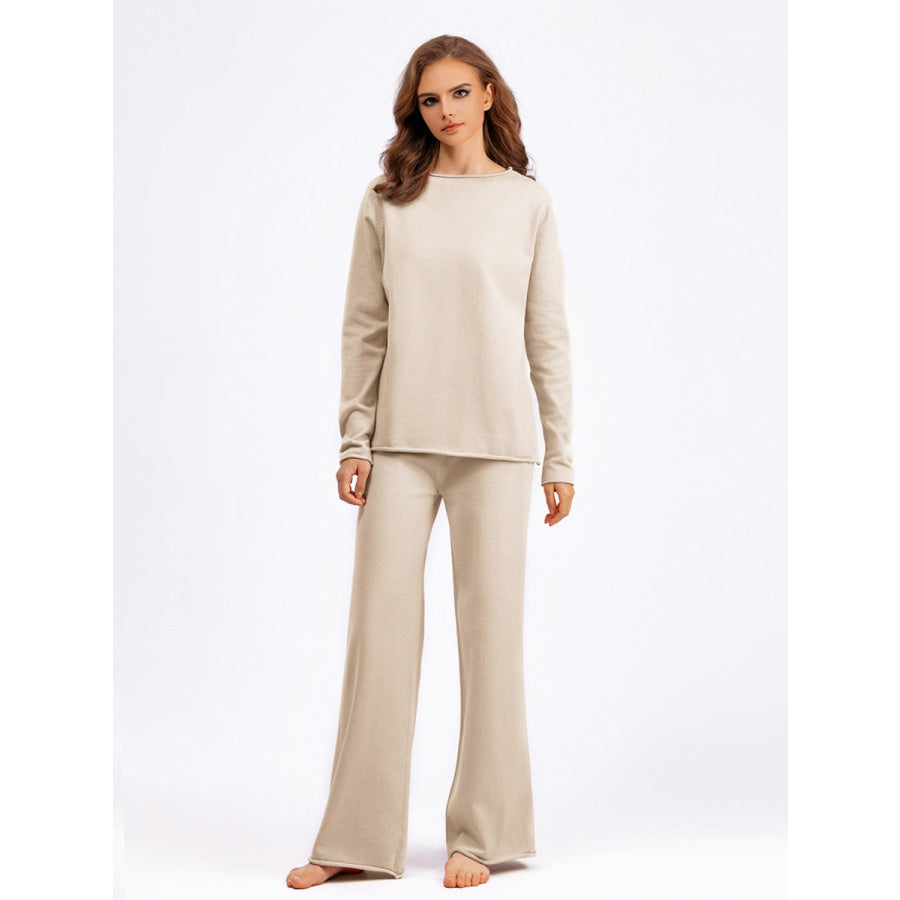 Basic Bae Rolled Round Neck Top and Pants Sweater Set Cream / One Size Apparel and Accessories