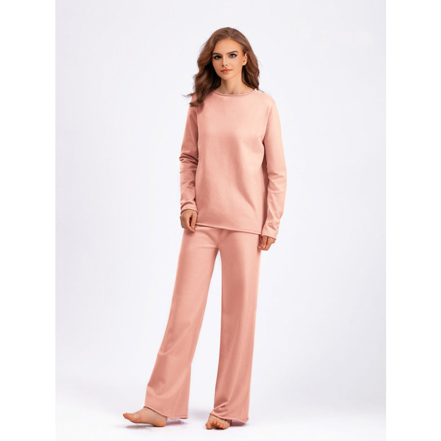 Basic Bae Rolled Round Neck Top and Pants Sweater Set Pale Blush / One Size Apparel and Accessories