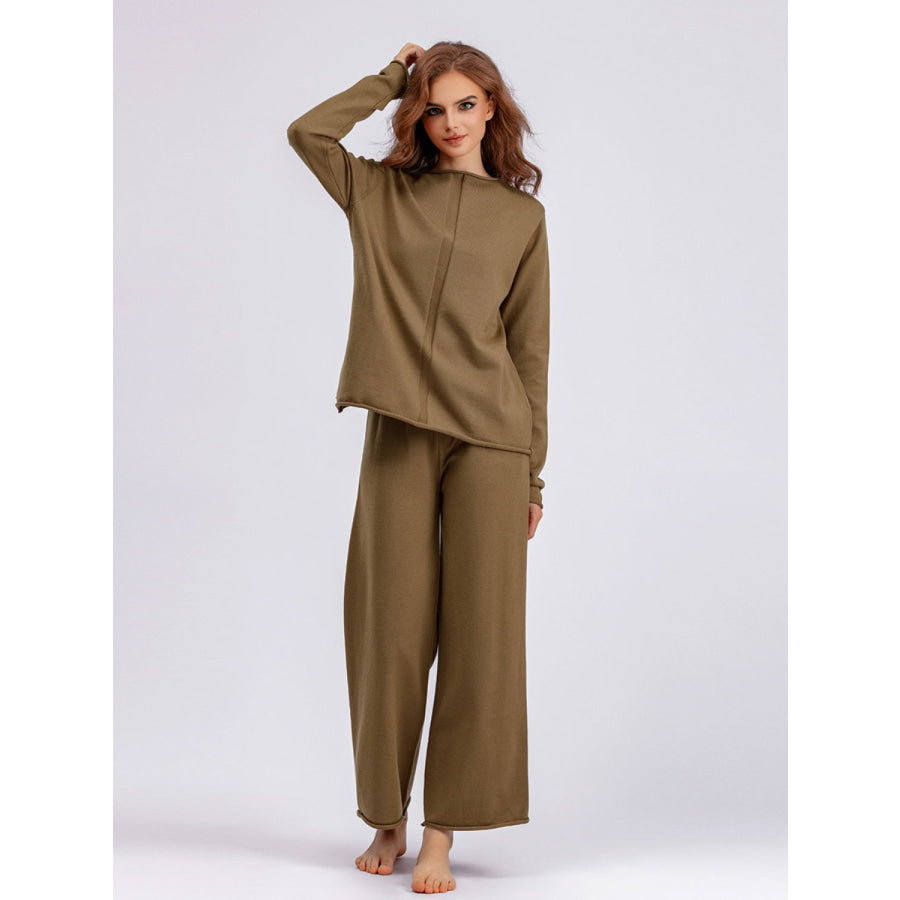 Basic Bae Rolled Round Neck Top and Pants Sweater Set Taupe / One Size Apparel and Accessories