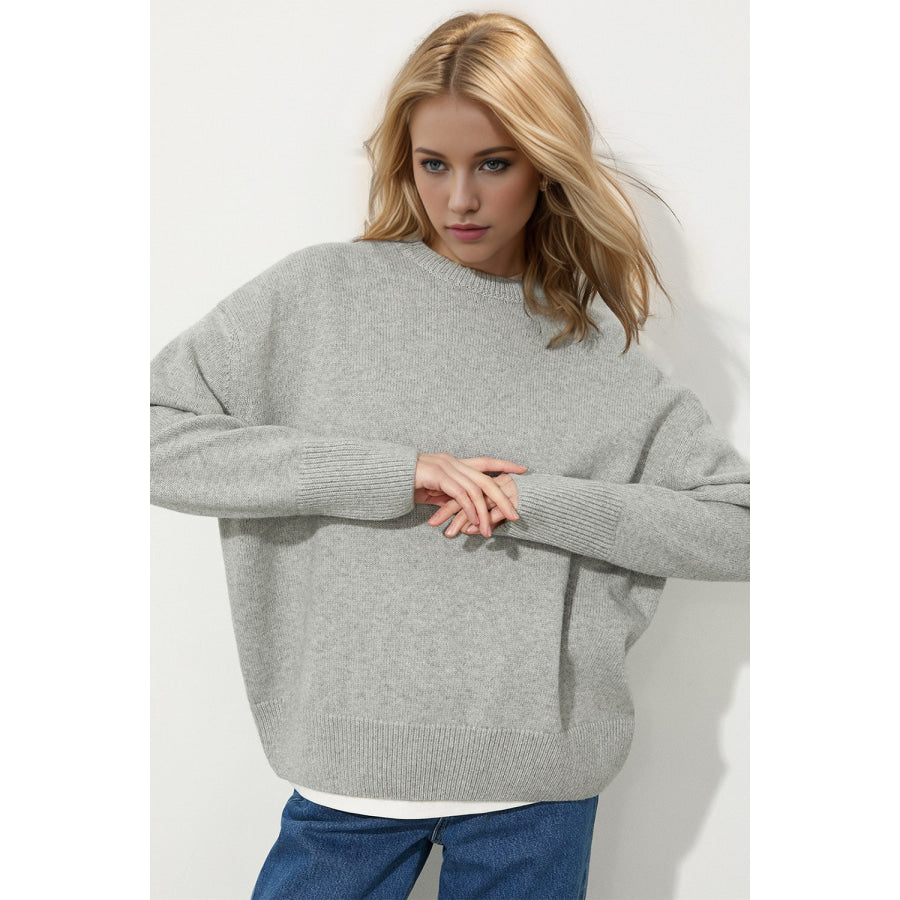 Basic Bae Round Neck Dropped Shoulder Long Sleeve Sweater Apparel and Accessories