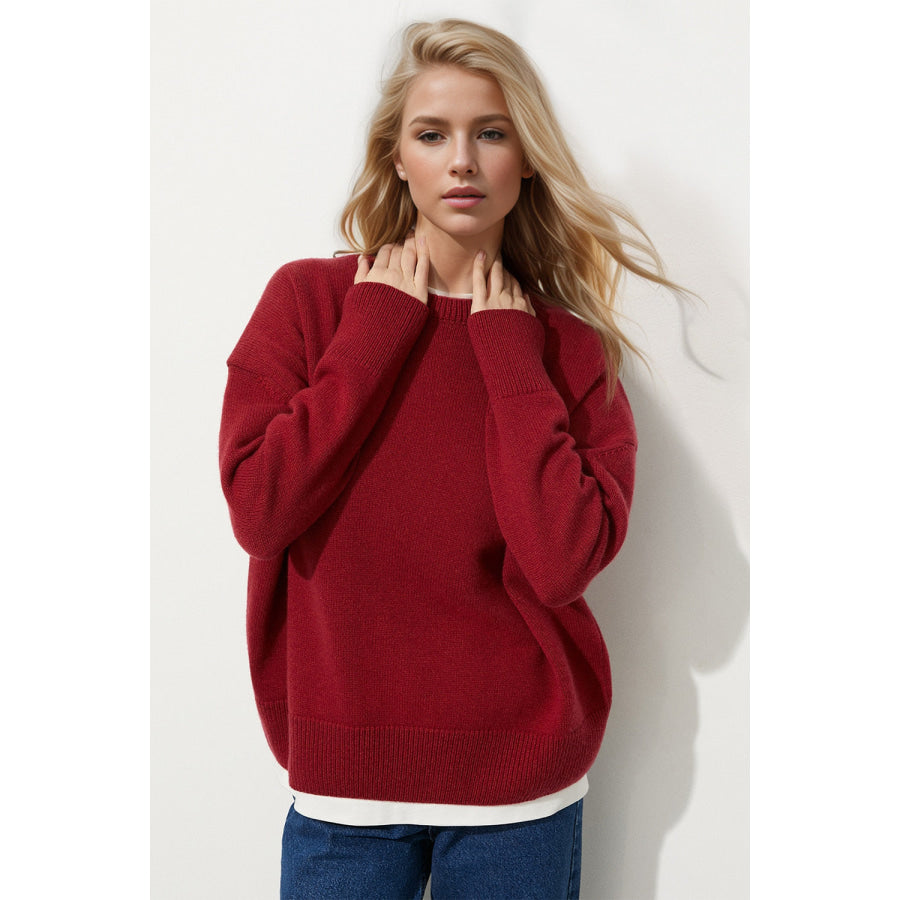 Basic Bae Round Neck Dropped Shoulder Long Sleeve Sweater Burgundy / One Size Apparel and Accessories