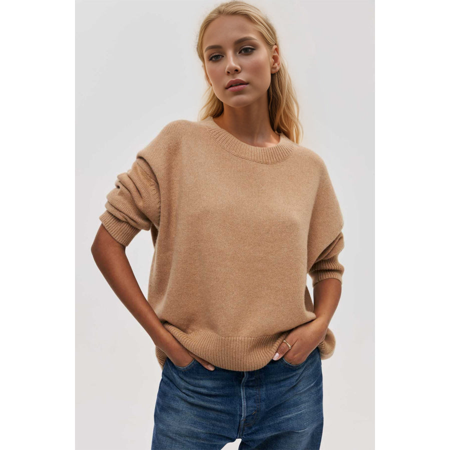 Basic Bae Round Neck Dropped Shoulder Long Sleeve Sweater Camel / One Size Apparel and Accessories