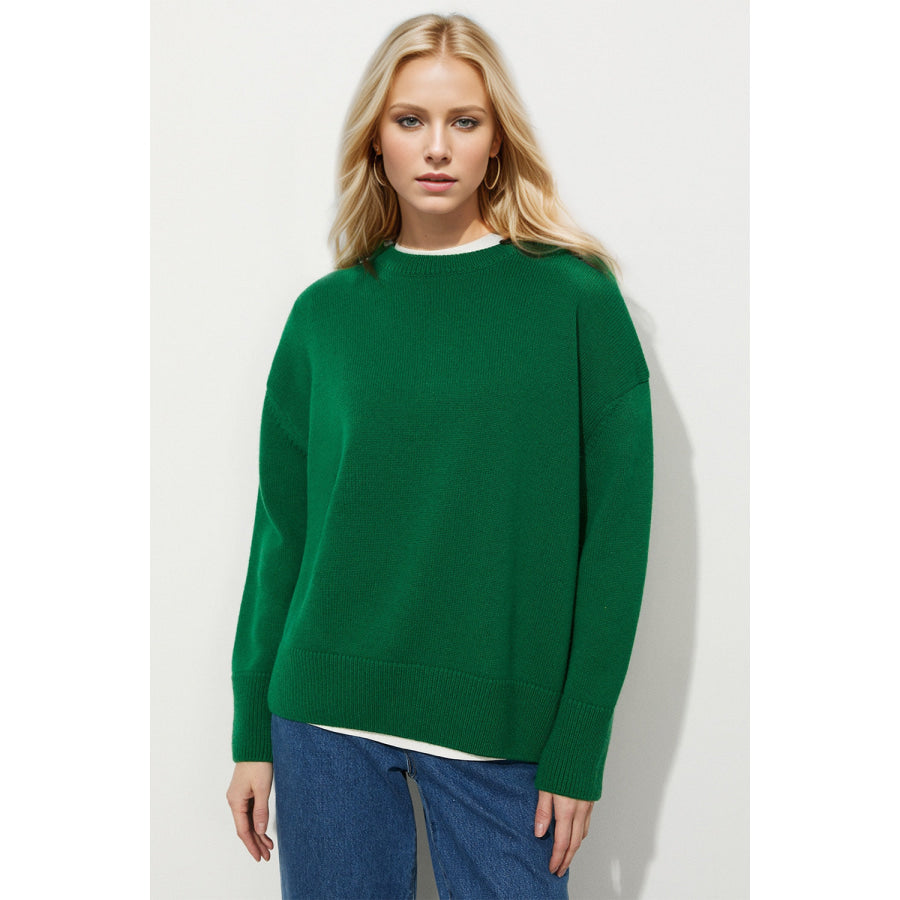 Basic Bae Round Neck Dropped Shoulder Long Sleeve Sweater Dark Green / One Size Apparel and Accessories