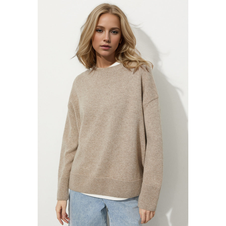 Basic Bae Round Neck Dropped Shoulder Long Sleeve Sweater Dust Storm / One Size Apparel and Accessories