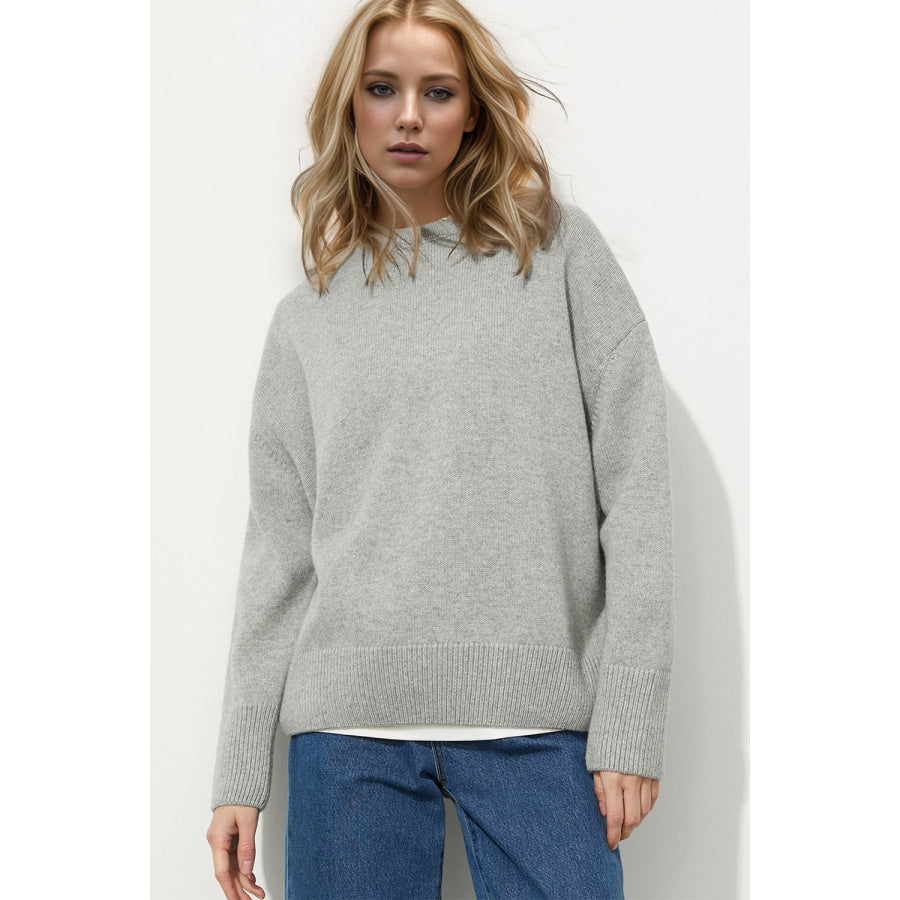 Basic Bae Round Neck Dropped Shoulder Long Sleeve Sweater Light Gray / One Size Apparel and Accessories