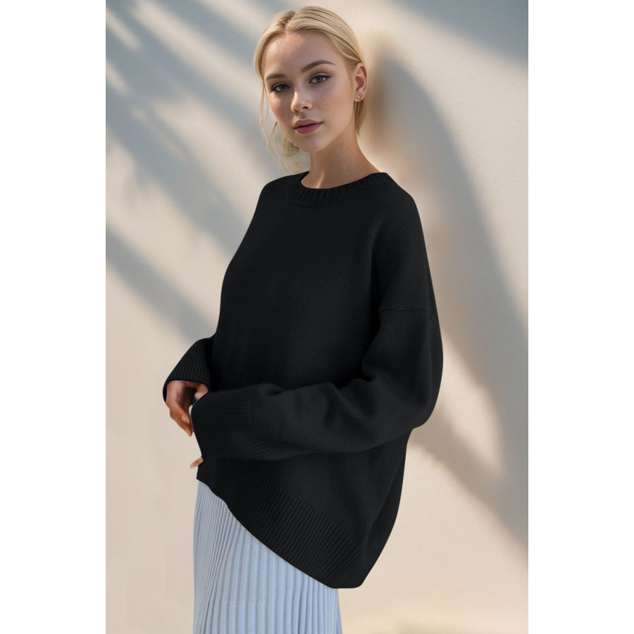 Basic Bae Round Neck Dropped Shoulder Sweater Black / One Size Apparel and Accessories