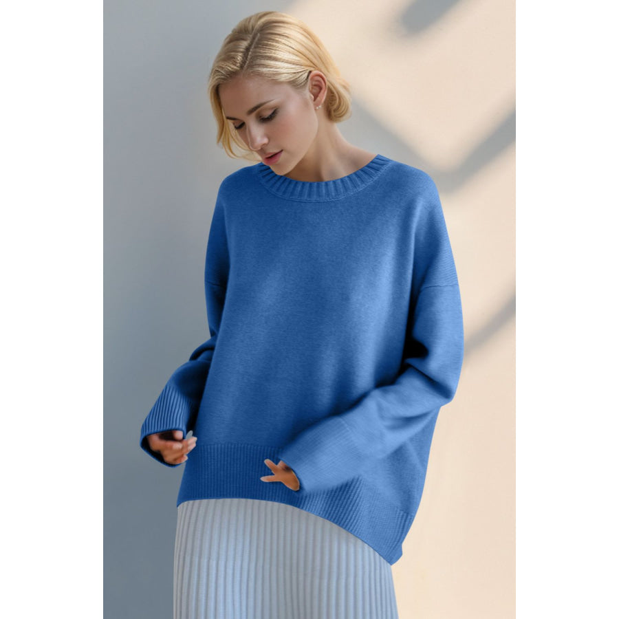 Basic Bae Round Neck Dropped Shoulder Sweater Blue / One Size Apparel and Accessories