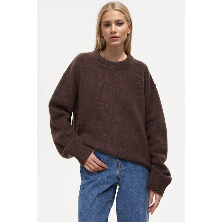 Basic Bae Round Neck Dropped Shoulder Sweater Dark Brown / One Size Apparel and Accessories