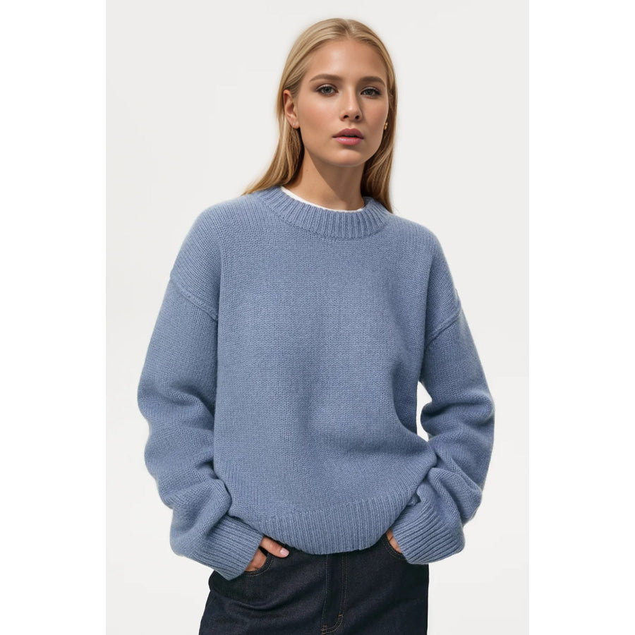 Basic Bae Round Neck Dropped Shoulder Sweater Dusty Blue / One Size Apparel and Accessories