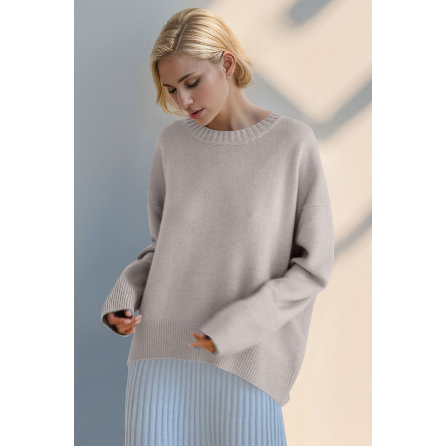 Basic Bae Round Neck Dropped Shoulder Sweater Eggshell / One Size Apparel and Accessories