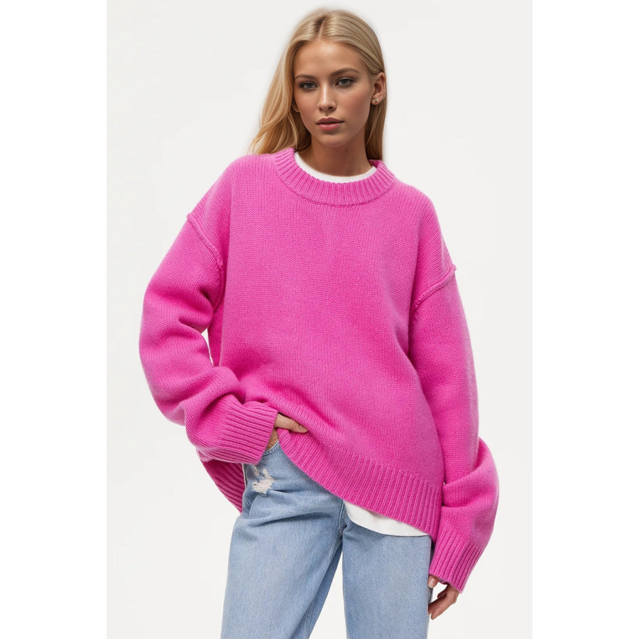 Basic Bae Round Neck Dropped Shoulder Sweater Fuchsia Pink / One Size Apparel and Accessories