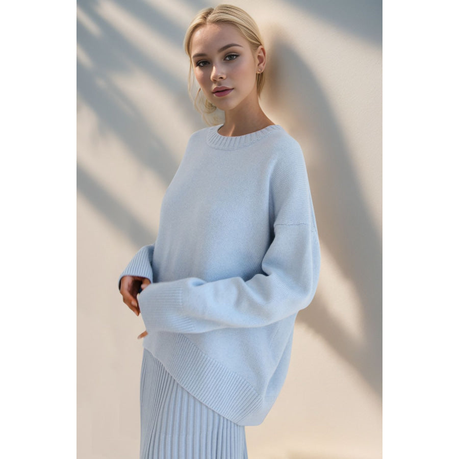 Basic Bae Round Neck Dropped Shoulder Sweater Light Blue / One Size Apparel and Accessories