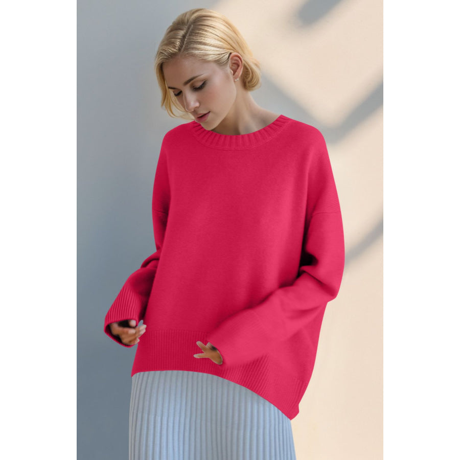 Basic Bae Round Neck Dropped Shoulder Sweater Strawberry / One Size Apparel and Accessories