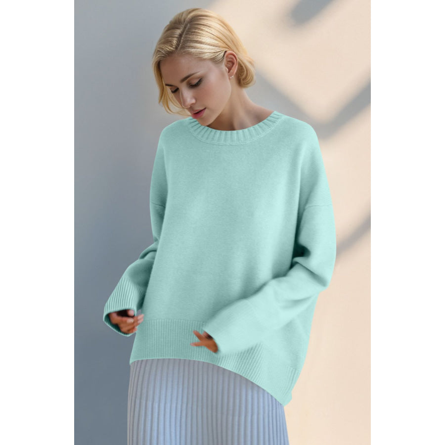 Basic Bae Round Neck Dropped Shoulder Sweater Tiffany Blue / One Size Apparel and Accessories