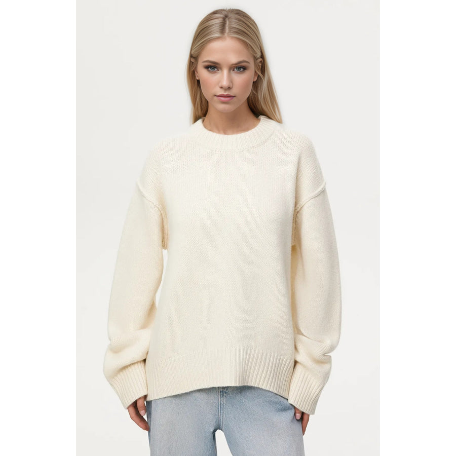 Basic Bae Round Neck Dropped Shoulder Sweater White / One Size Apparel and Accessories