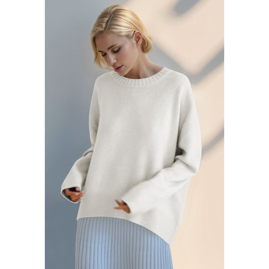 Basic Bae Round Neck Dropped Shoulder Sweater White / One Size Apparel and Accessories